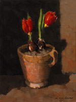 Schilderij : Tulpjes in aardbeienpotje (1997)
